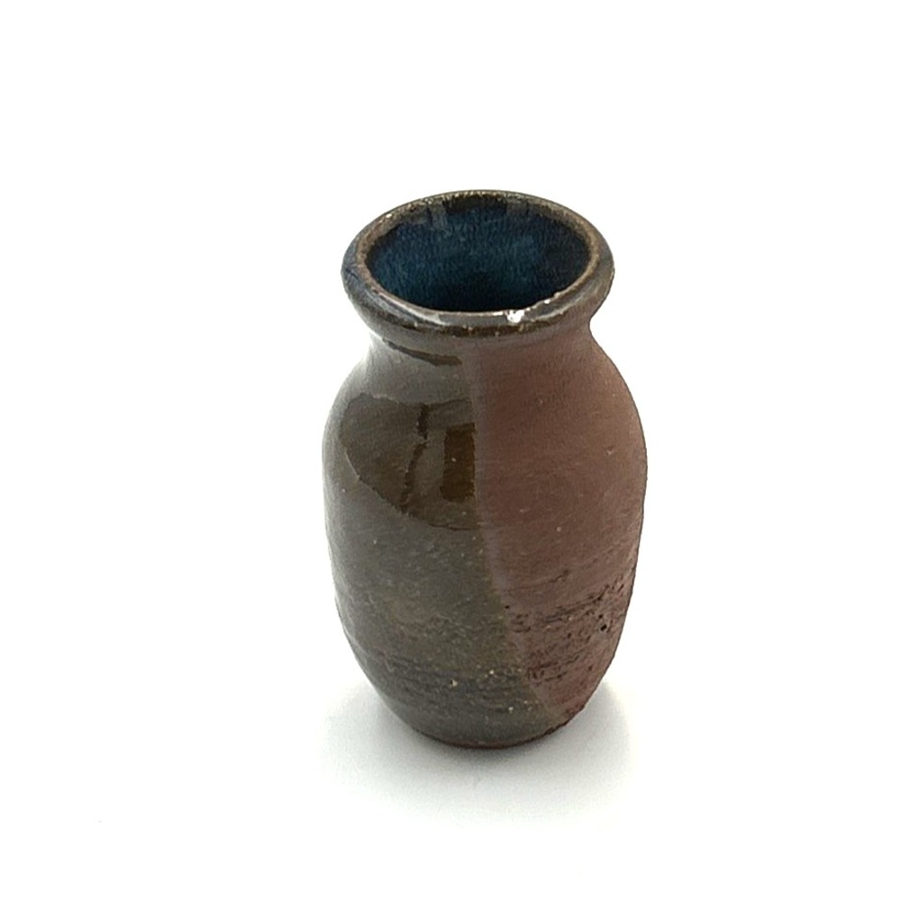 Mini Pottery Vase 3" H Glazed & Matte Blue Red Brown Signed